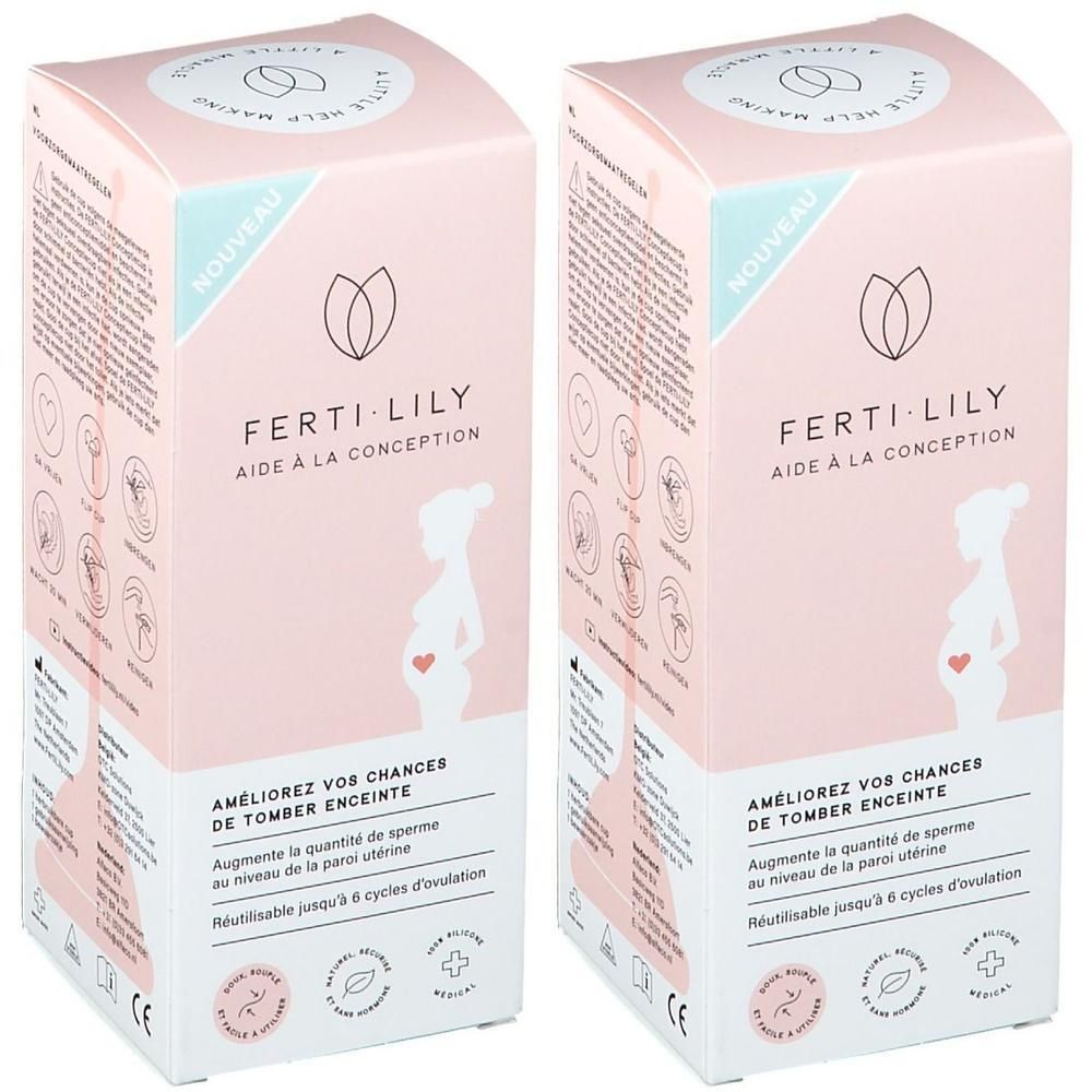 Twee roze dozen. Opschrift: FERTI-LILY, Aide à la conception. Silhouet van een zwangere vrouw. Tekst: Améliorez vos chances de tomber enceinte.
