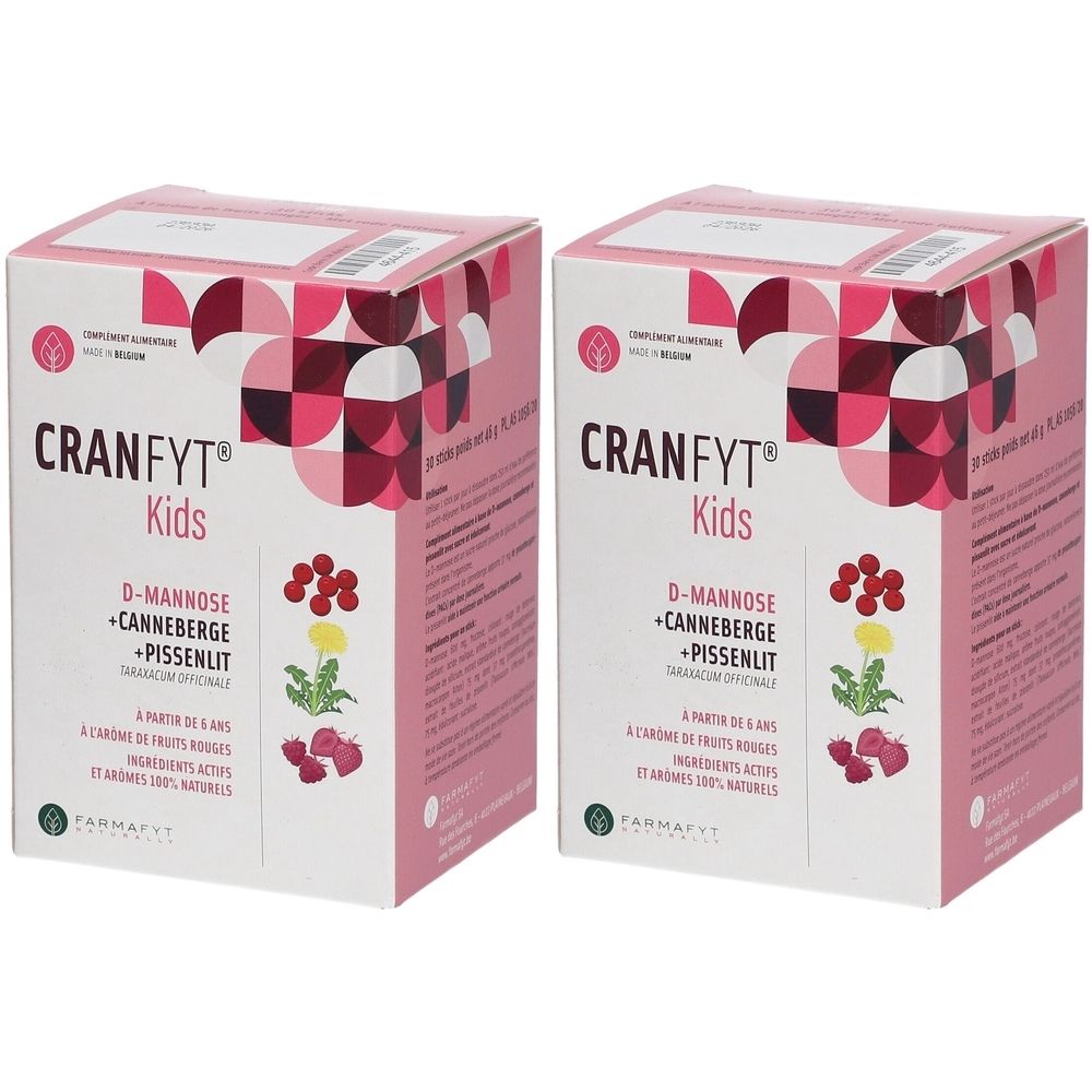 Twee roze dozen met CRANFYT Kids. Opschriften: D-MANNOSE, CANNEBERGE, PISSENLIT. Illustraties van fruit en planten.