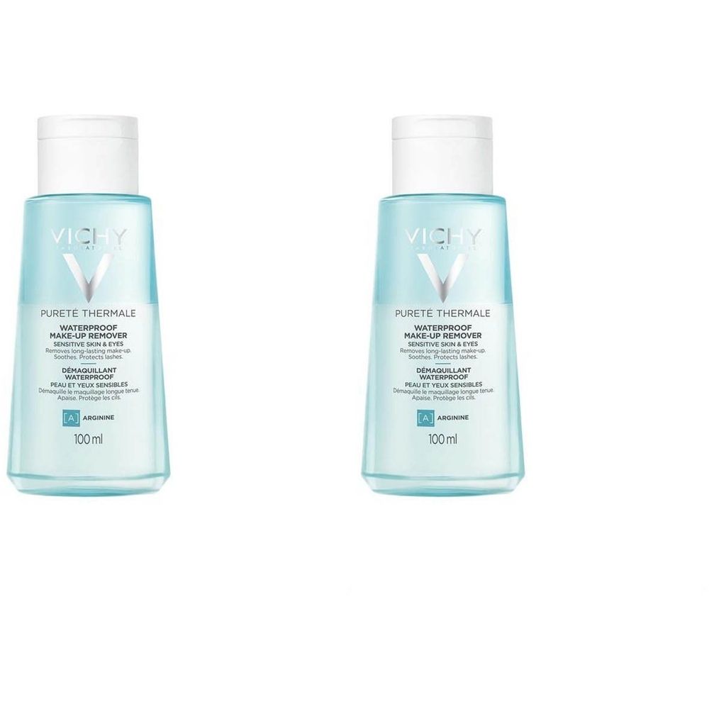 Twee flessen Vichy Pureté Thermale Waterproof Make-up Remover. Lichtblauwe flessen met witte dop. Productnaam en merk zichtbaar.