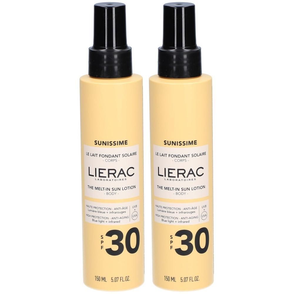 Deux flacons de lait solaire avec vaporisateur noir. Inscription : Sunissime, Lierac, SPF 30. Flacons jaunes avec étiquette blanche.