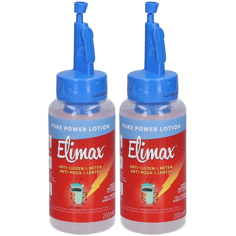 Twee flessen Elimax Pure Power Lotion. Blauwe applicators, rode etiketten met productnaam en illustraties.