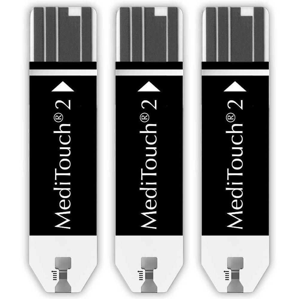 Drie teststrips met zwart veld en witte tekst. Opschrift: MediTouch 2. Grijze contactstrips bovenaan, grijze applicator onderaan.