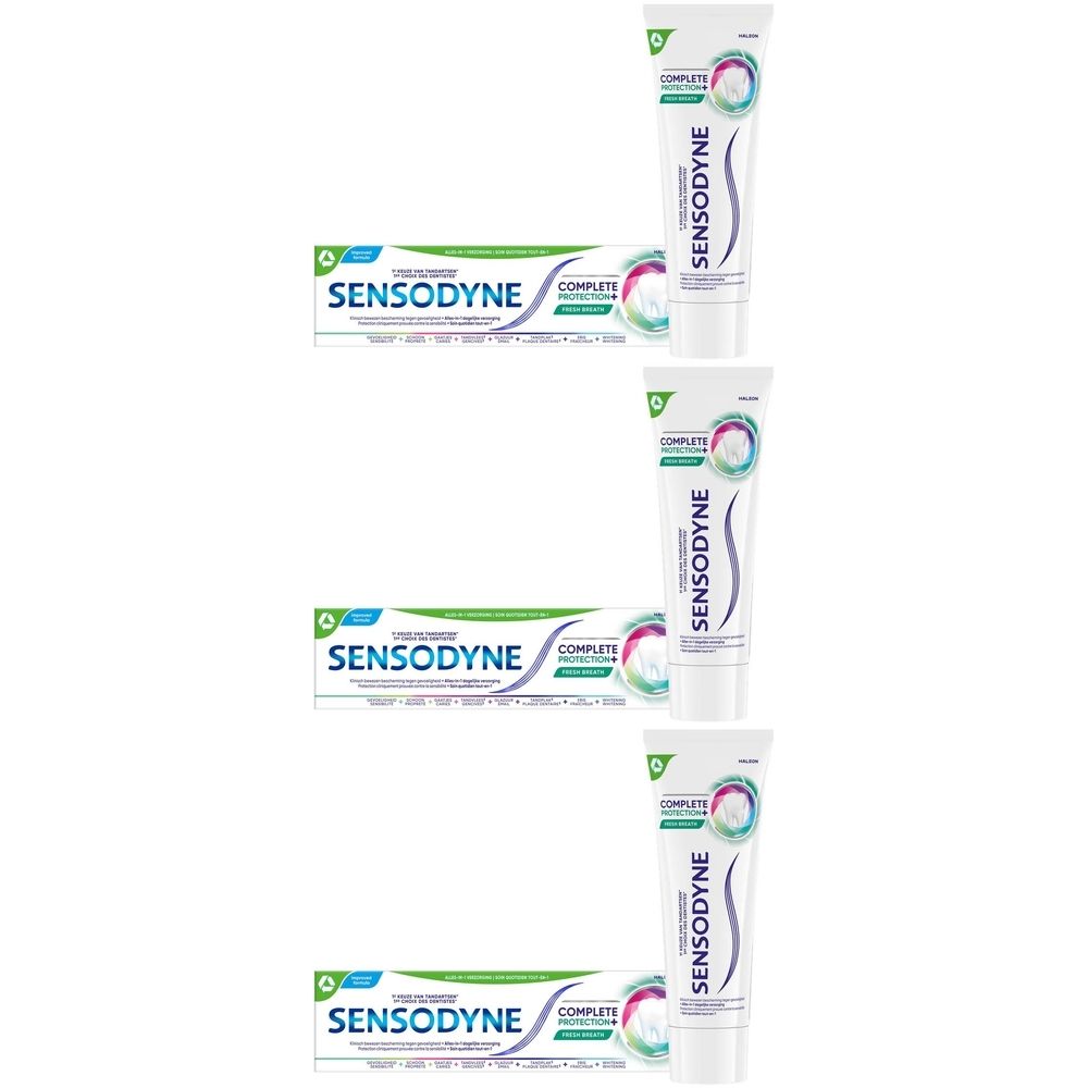 Tubes et boîtes de dentifrice Sensodyne Complete Protection+. Design vert et blanc.