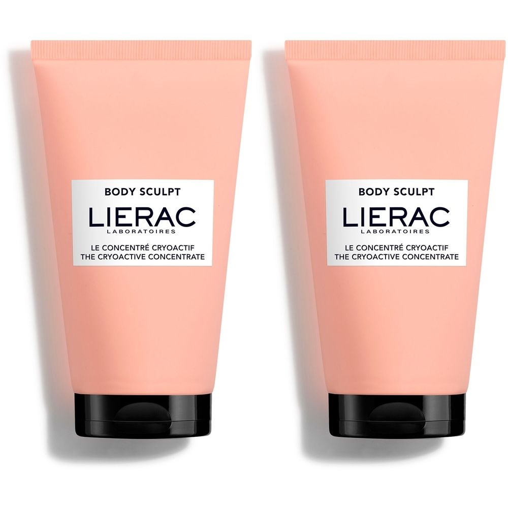 Twee roze tubes met zwarte dop. Opschrift: Body Sculpt, LIERAC, Le Concentré Cryoactif.