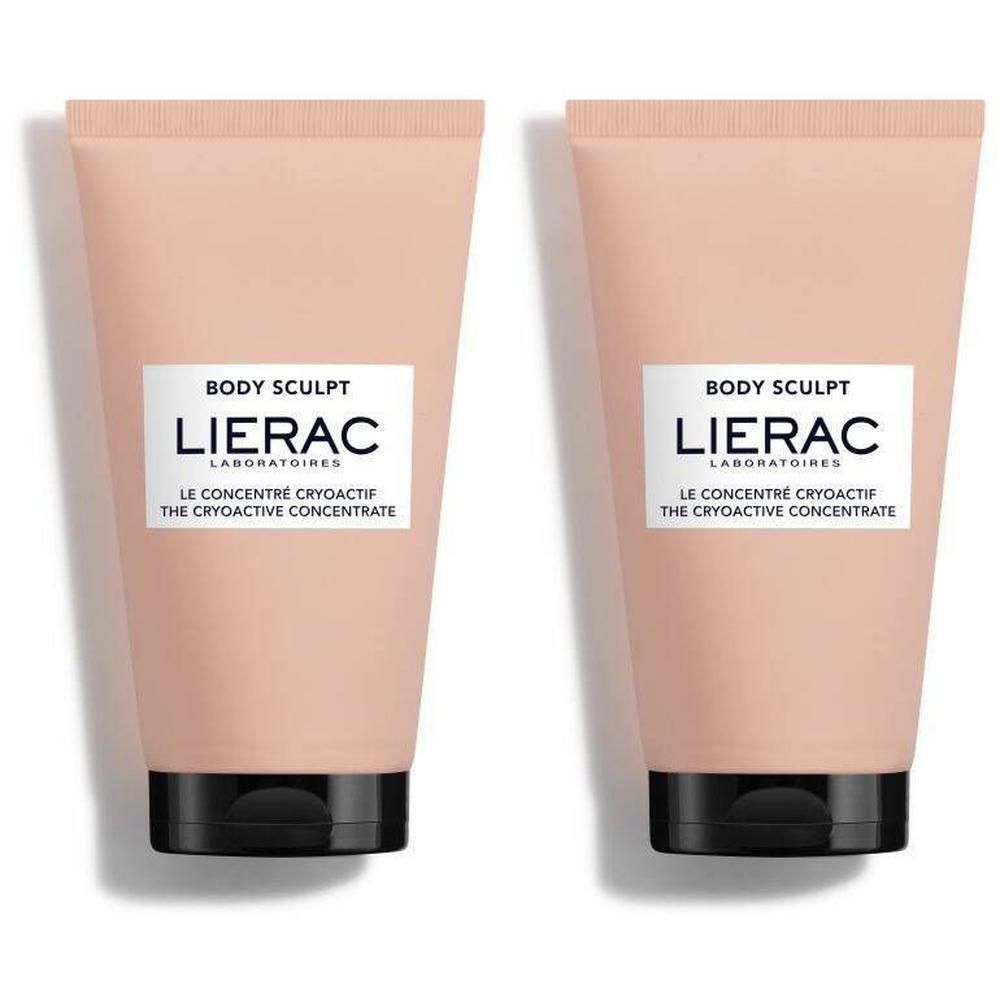 Twee roze tubes lichaamsverzorging. Zwarte dop, wit etiket met tekst: Lierac, Body Sculpt, Le Concentré Cryoactif.