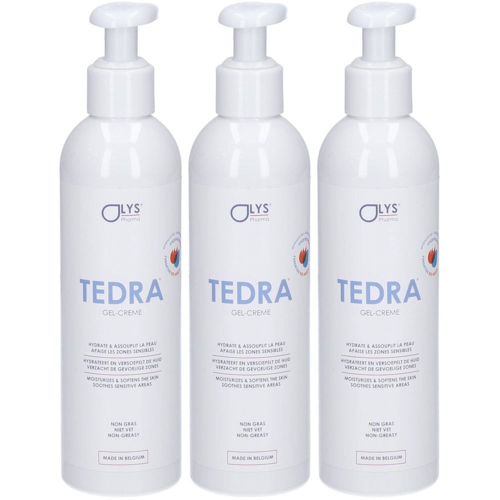 Trois flacons blancs avec pompe. Chaque flacon porte l'inscription « TEDRA GEL-CREME » et « OLYS pharma ». Texte multilingue.