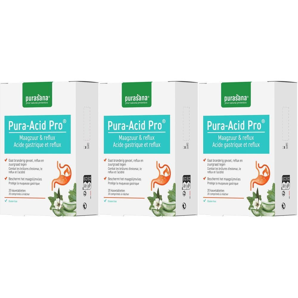 Drie dozen Purasana Pura-Acid Pro®. Wit, met groene en turquoise tekst. Bevat 20 kauwtabletten.