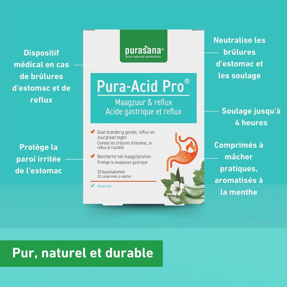 Boîte Purasana Pura-Acid Pro®. Blanche, texte vert et turquoise. Dispositif médical. 20 comprimés à mâcher.