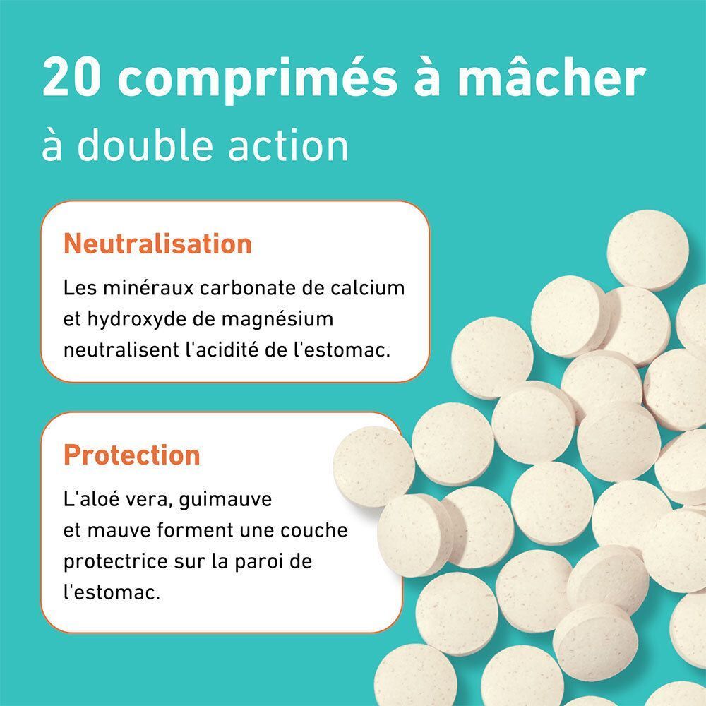 20 comprimés à mâcher. Comprimés ronds, beiges. Deux sections: Neutralisation et Protection. Contient calcium et aloe vera.