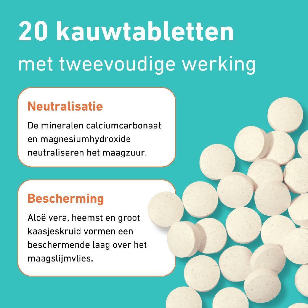 20 kauwtabletten. Ronde, beige tabletten. Twee secties: Neutralisatie en Bescherming. Bevat calcium en aloë vera.