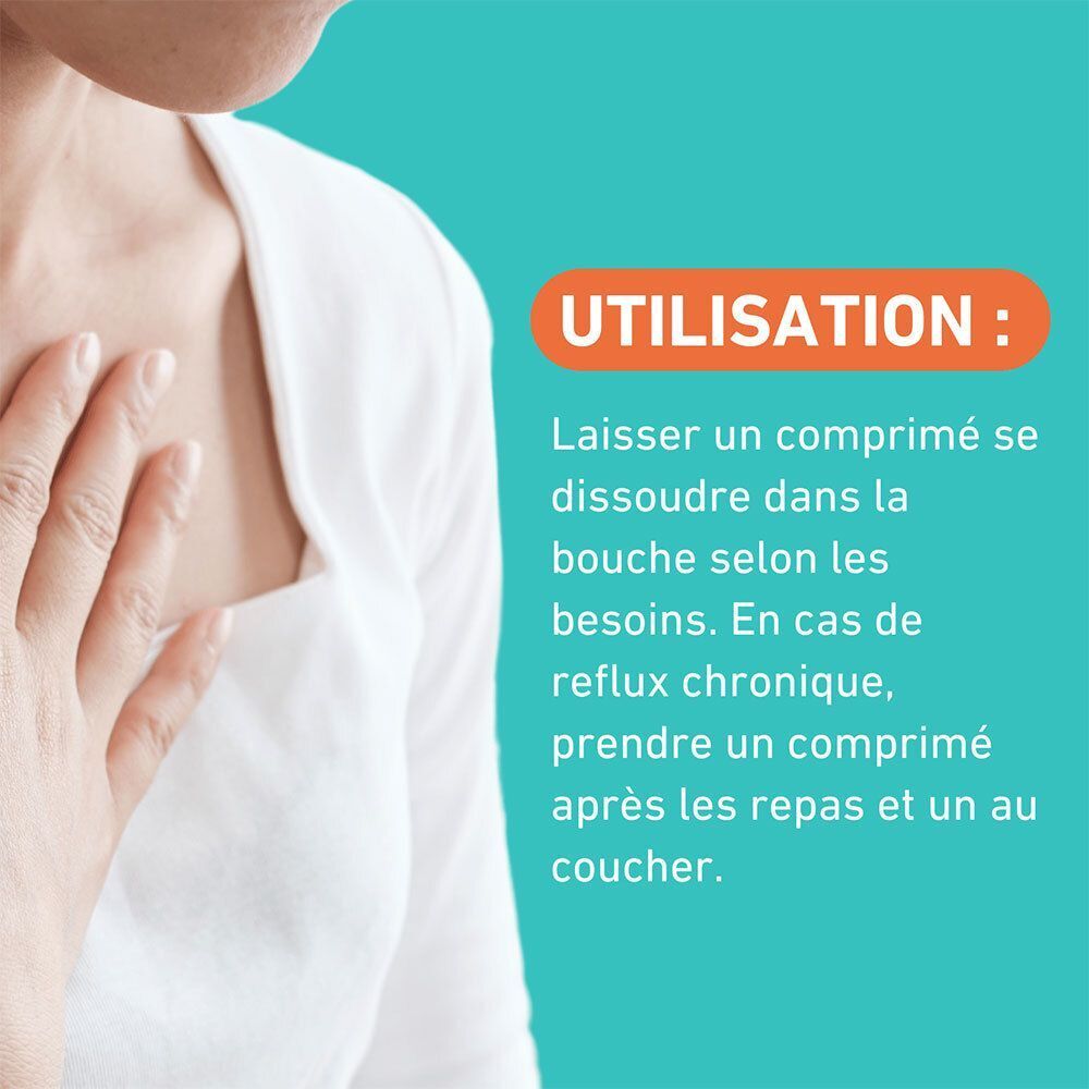 Personne tenant sa main sur sa poitrine. Texte: Utilisation. Dissoudre un comprimé dans la bouche. Reflux après repas.