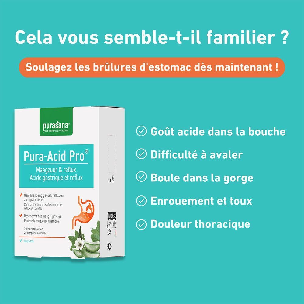 Boîte Purasana Pura-Acid Pro®. Blanche, texte vert et turquoise. Symptômes: goût acide, difficulté à avaler.