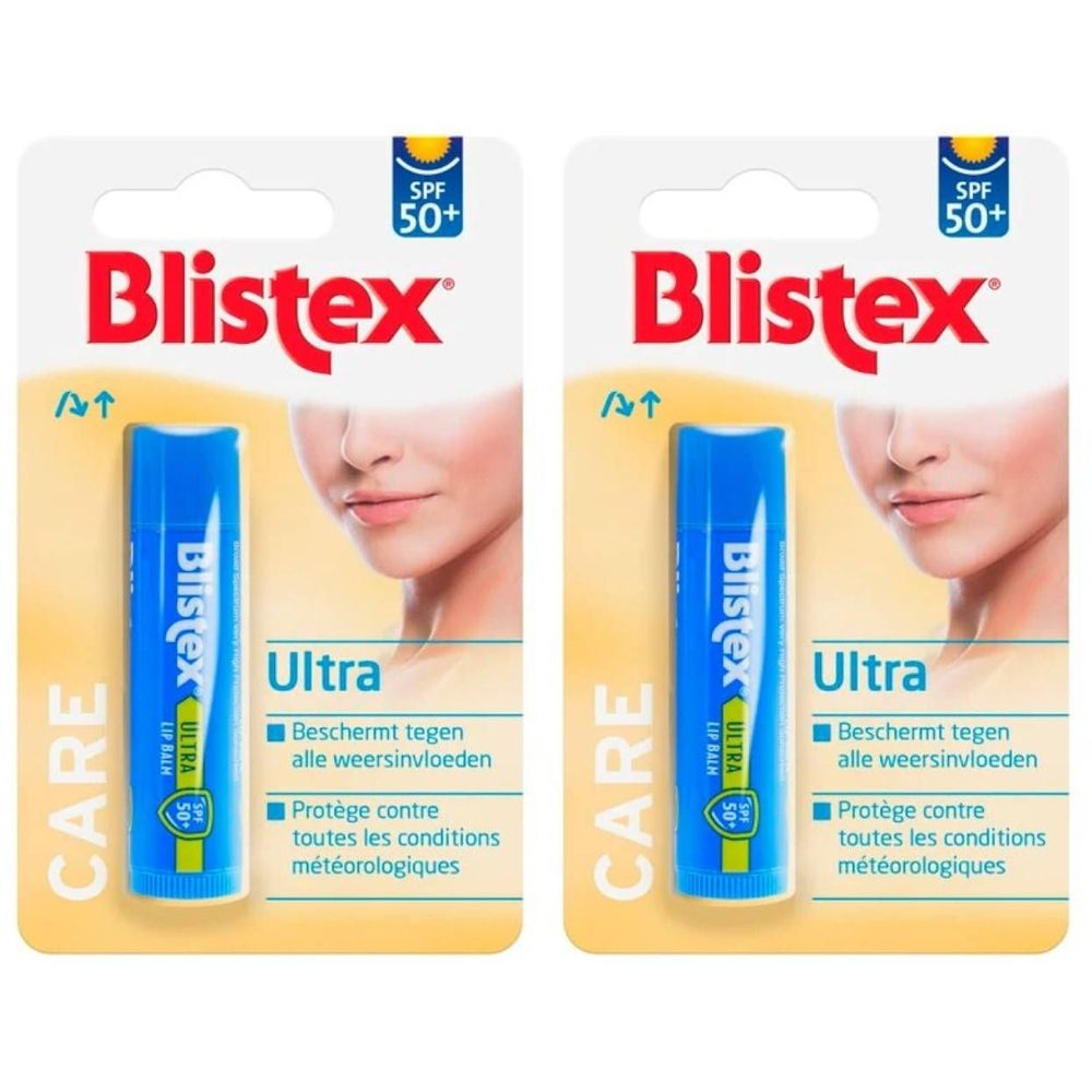 Twee blisterverpakkingen van Blistex Ultra lippenbalsem. Blauwe sticks met SPF 50+ bescherming. Verpakking met productnaam en gezicht.