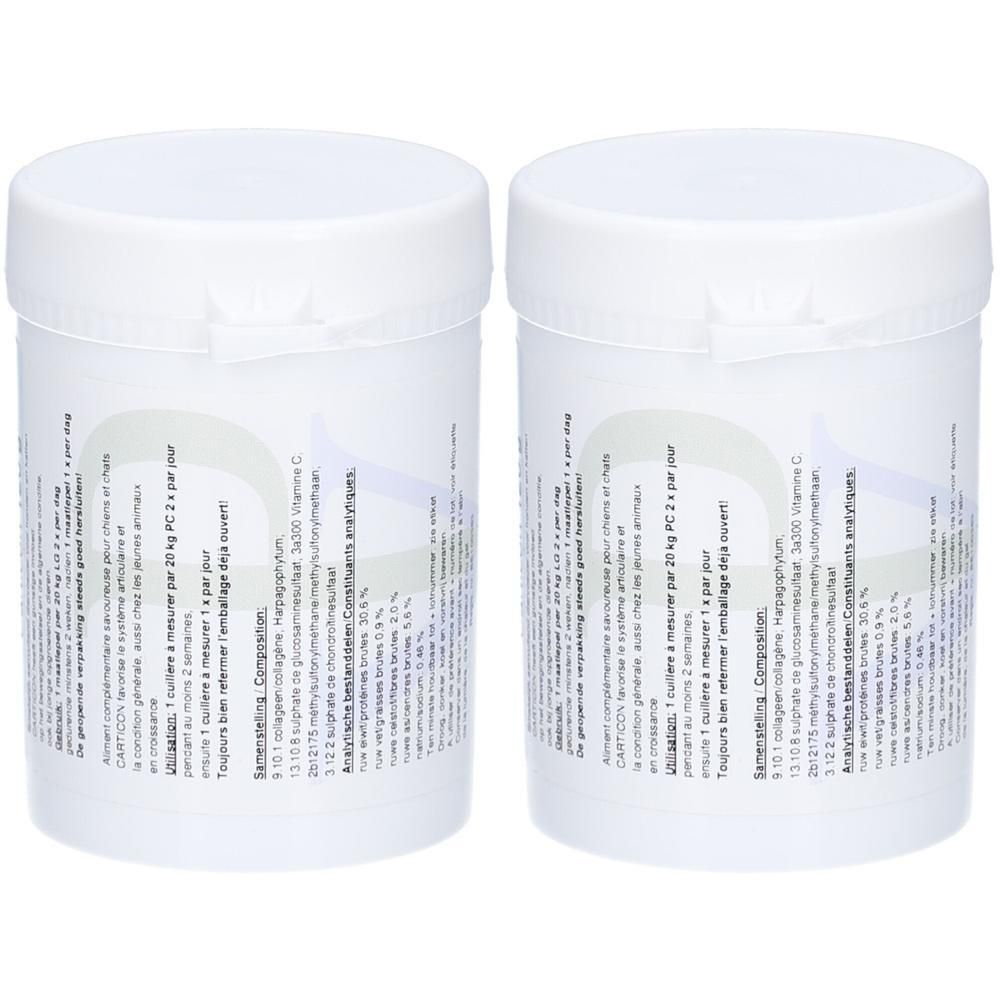 Deux récipients cylindriques blancs avec couvercles. Des étiquettes avec du texte sont apposées sur les récipients.