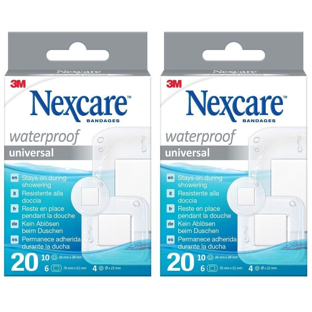Twee dozen Nexcare Universal Waterproof Pansements. Elke doos bevat 20 pleisters. Zichtbaar: 10 x 20 mm, 6 x 25 mm, 4 x 22 mm.