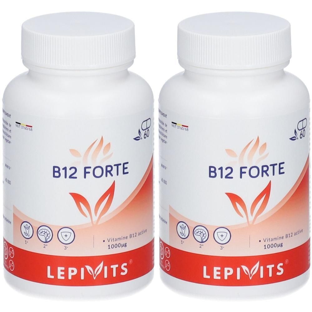 Twee witte flessen met schroefdop. Opschrift: B12 FORTE, LEPIVITS. Rode strook onderaan.