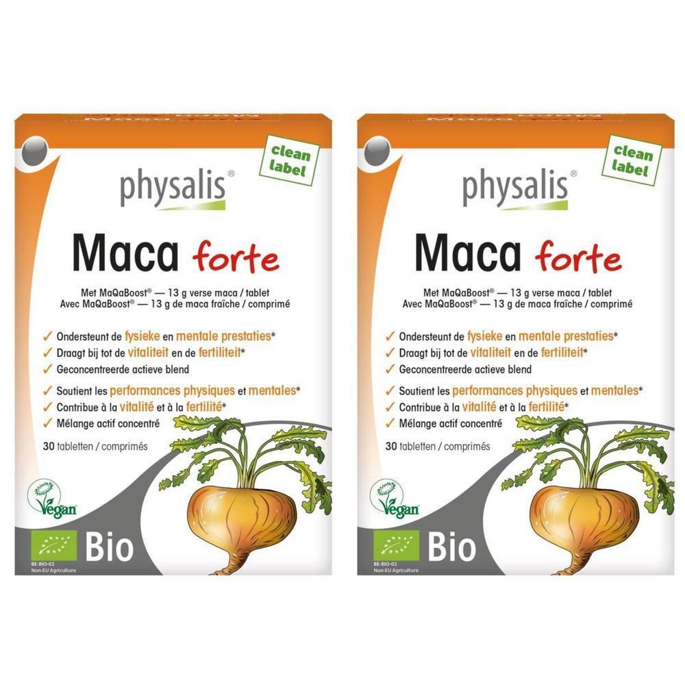 Twee verpakkingen Physalis Maca Forte Bio. Witte verpakking met productnaam en logo. Bevat 30 tabletten, vegan.