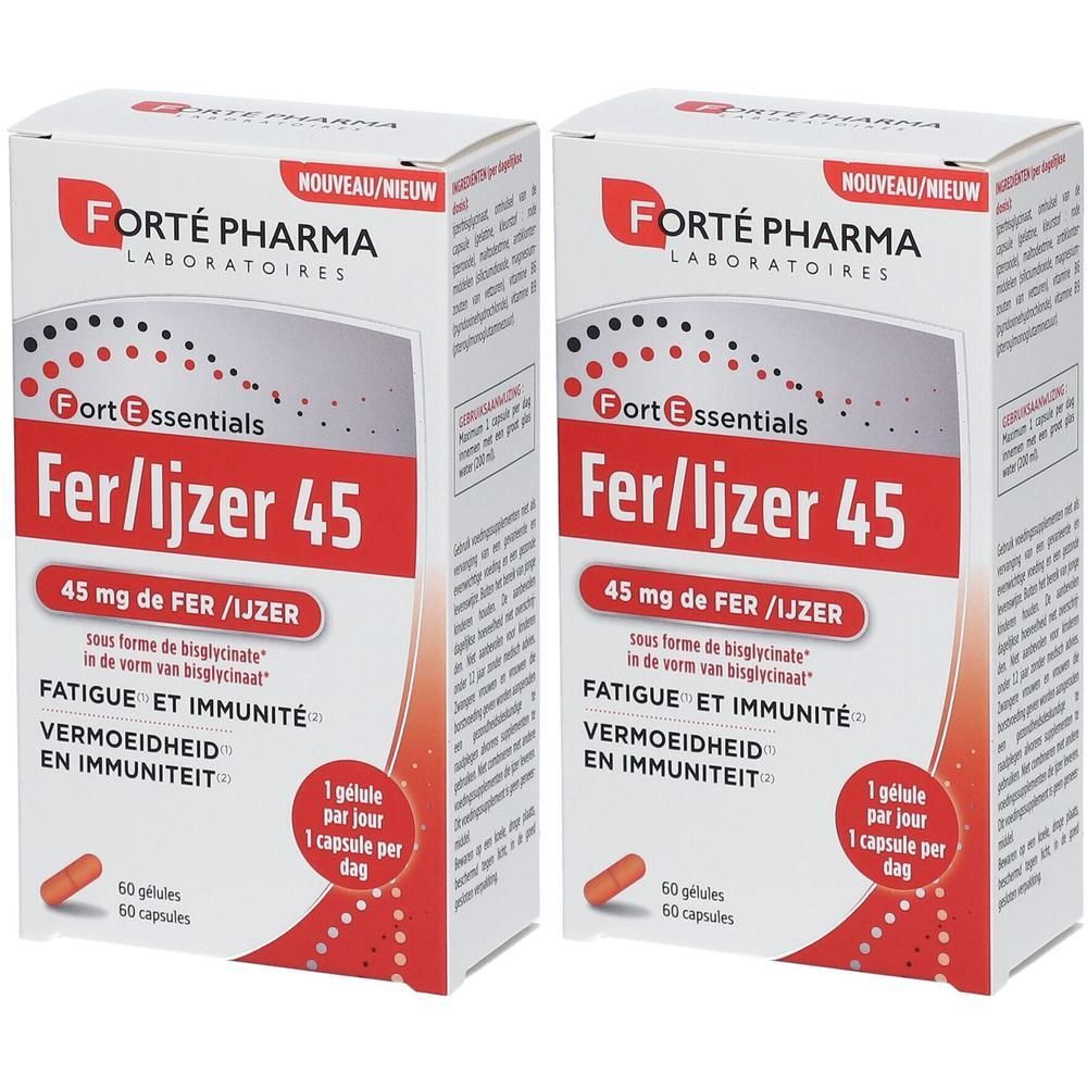 Deux boîtes de Forté Pharma Fer/Ijzer 45. Inscription : 45 mg FER/IJZER, 60 gélules. Gélule orange. Texte : Fatigue et immunité.