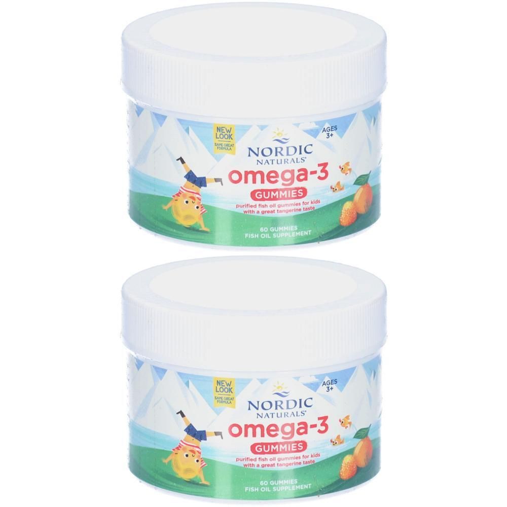 Twee potten Nordic Naturals Omega-3 Gummies. Witte deksels, labels met productnaam en illustraties.
