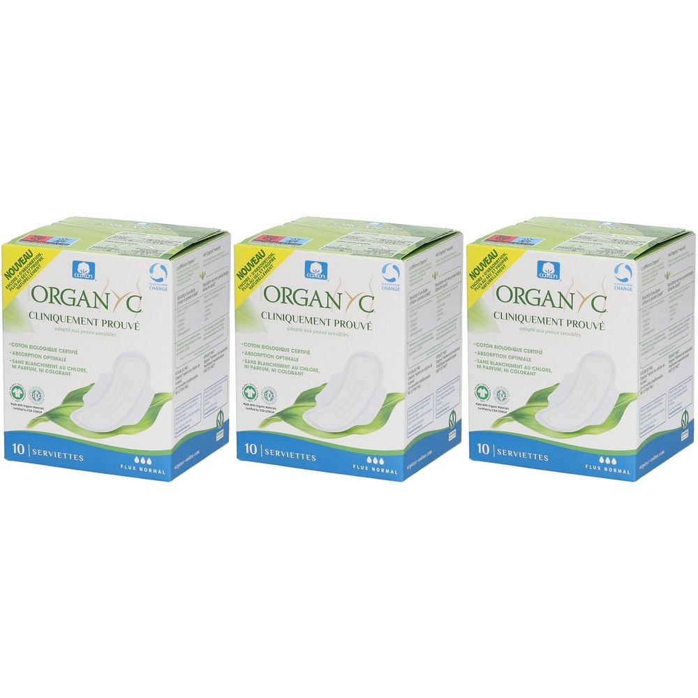 Drie dozen Organyc® maandverband. Elke doos toont « CLINIQUEMENT PROUVÉ » en « 10 Serviettes ». Een maandverband is afgebeeld op de voorkant.