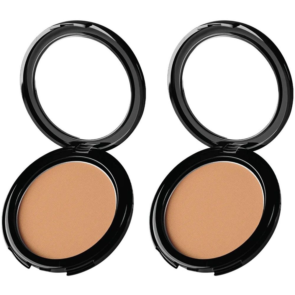 Deux bronzers compacts ronds ouverts avec miroirs. Boîtiers noirs, poudre brun clair. Aucune marque visible.