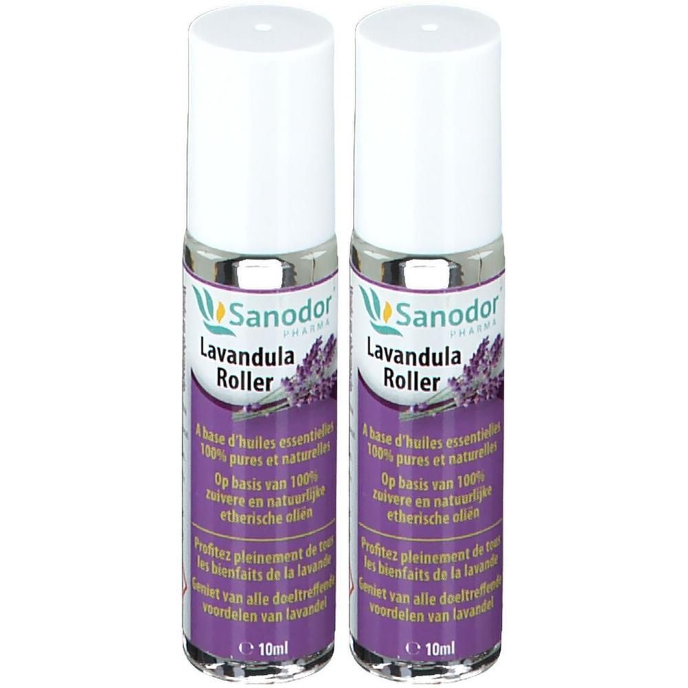 Deux flacons roll-on. Inscription: Sanodor Lavandula Roller. Contient des huiles essentielles. Emballage violet et blanc.