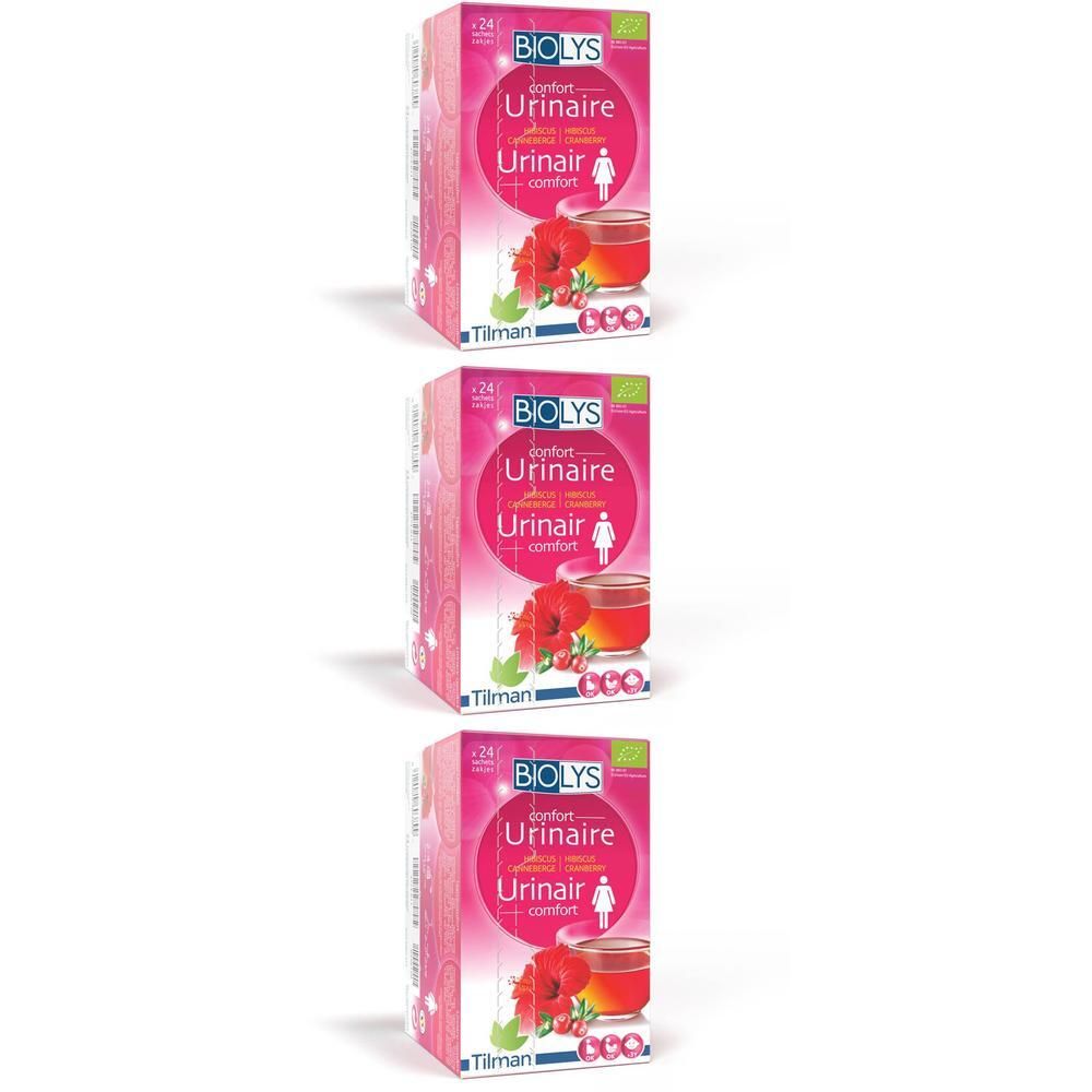 Drie dozen Biolys Hibiscus - Canneberge. Roze verpakking met productnaam en afbeelding van een kopje thee.