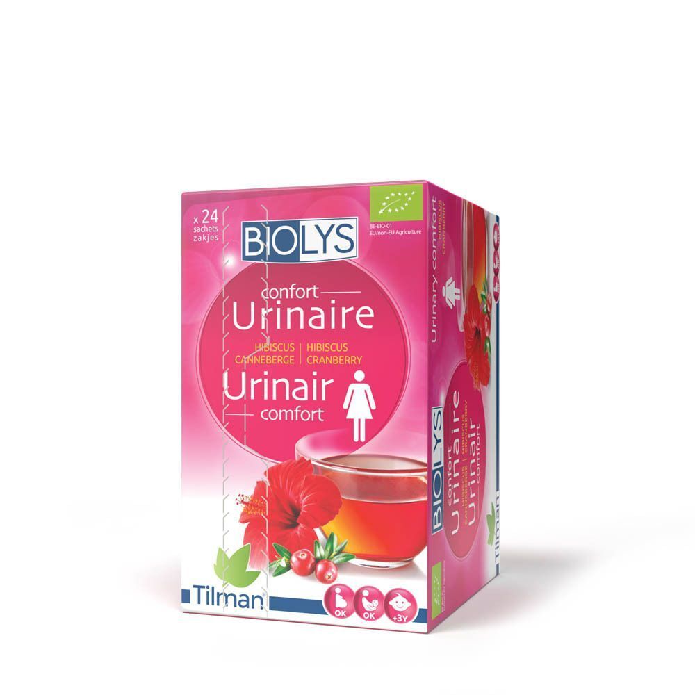 Biolys Hibiscus - Canneberge. Roze verpakking met productnaam, afbeelding van een kopje thee en hibiscusbloem.