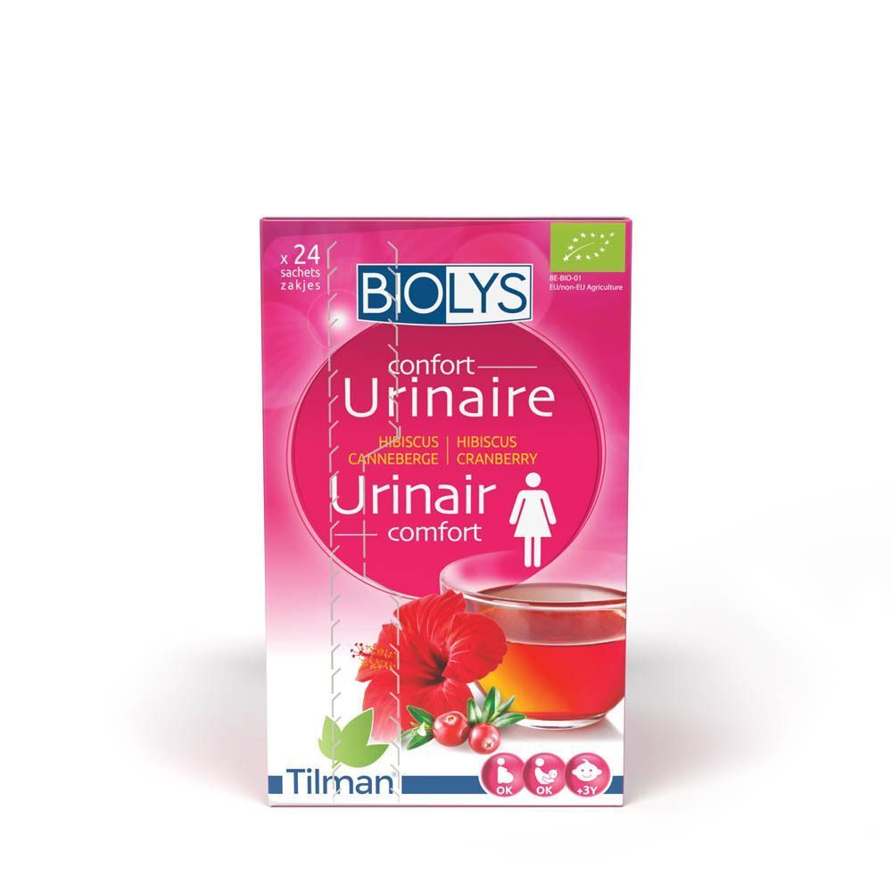 Biolys Hibiscus - Canneberge. Roze verpakking met productnaam, afbeelding van een kopje thee en hibiscusbloem.