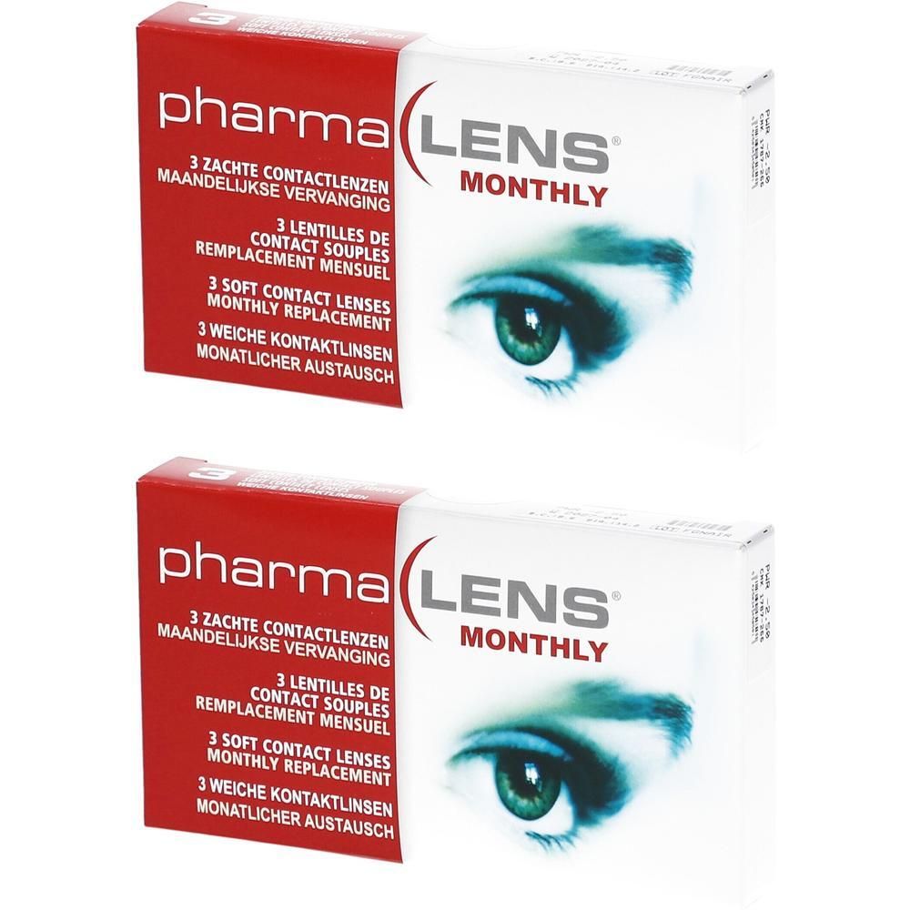 Deux boîtes de lentilles de contact. Inscription : Pharma Lens Monthly. Contient 3 lentilles souples. Remplacement mensuel.