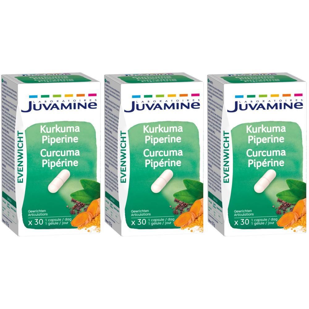 Trois boîtes de Juvamine Curcuma Pipérine. Chaque boîte présente une gélule, des feuilles et des baies. Texte : Curcuma Pipérine, x 30.
