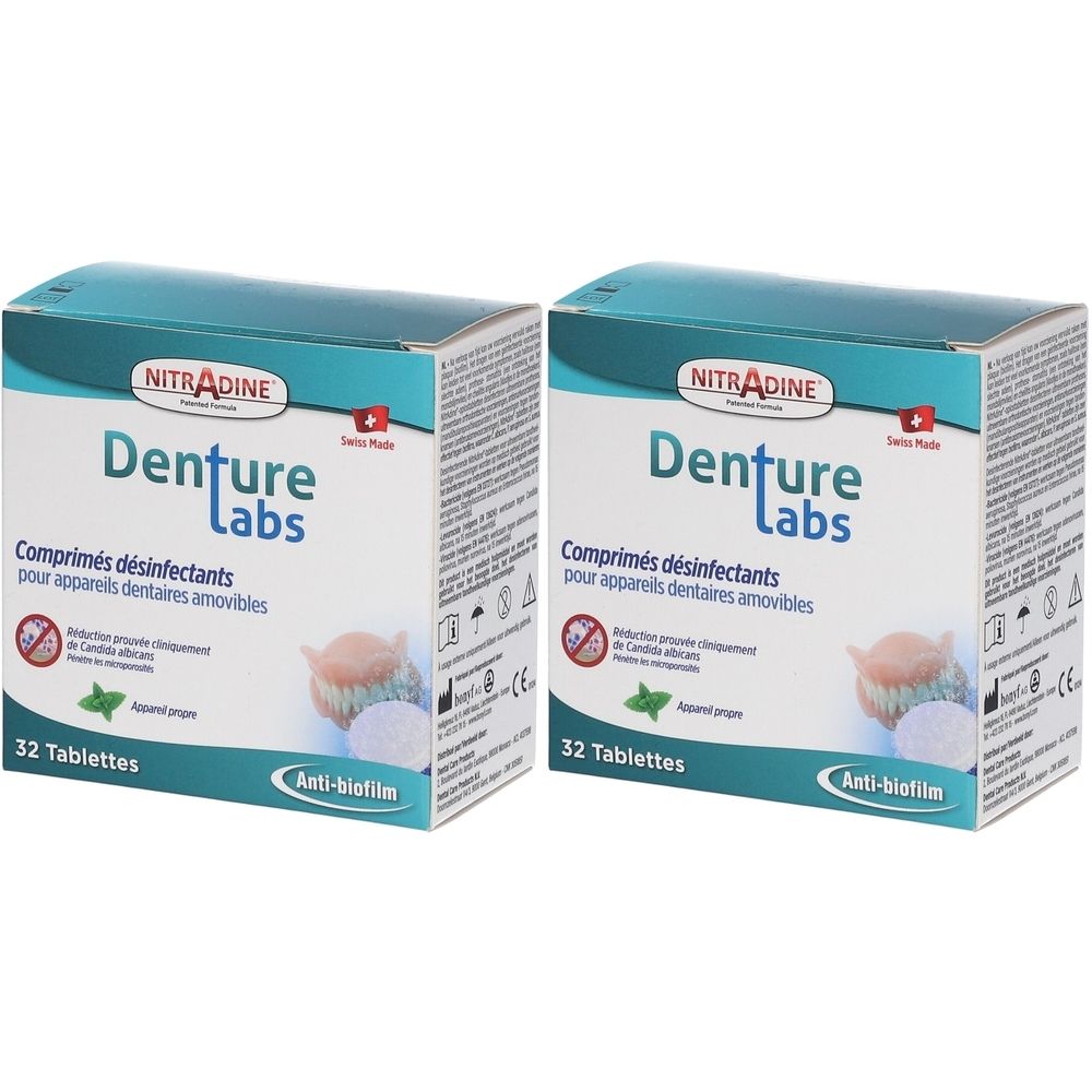 Deux boîtes de comprimés "Denture Labs". Inscription : "Comprimés désinfectants pour appareils dentaires amovibles". Contient 32 comprimés. Logo Anti-biofilm.
