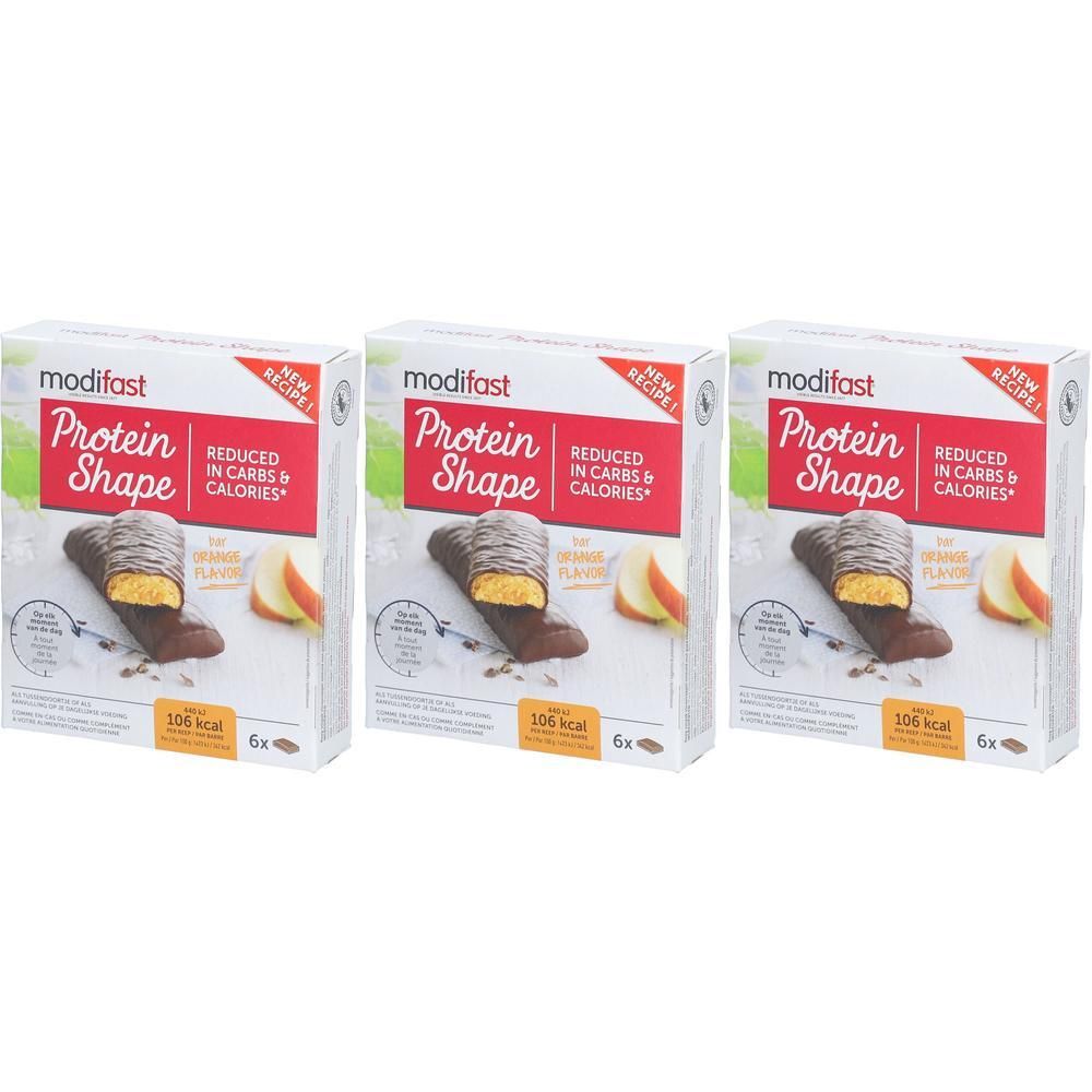 Trois boîtes de barres Modifast Protein Shape. Chaque boîte montre une barre. Texte : Protein Shape, réduit en glucides et en calories.