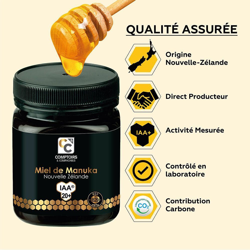 Pot de Miel de Manuka IAA 20+ avec miel dégoulinant d'une cuillère. Texte : Qualité Assurée, Origine Nouvelle-Zélande.