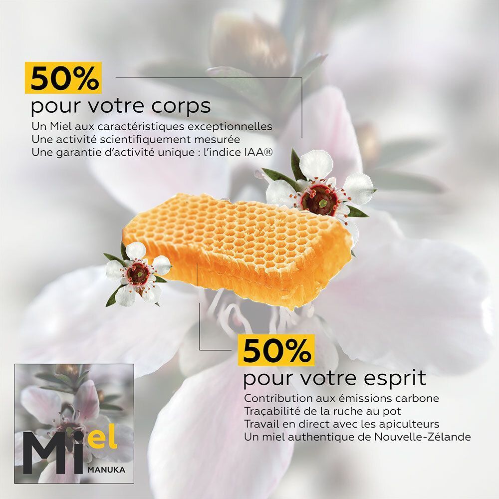 Rayon de miel et fleurs. Texte : 50% pour votre corps, 50% pour votre esprit. Miel de Manuka.