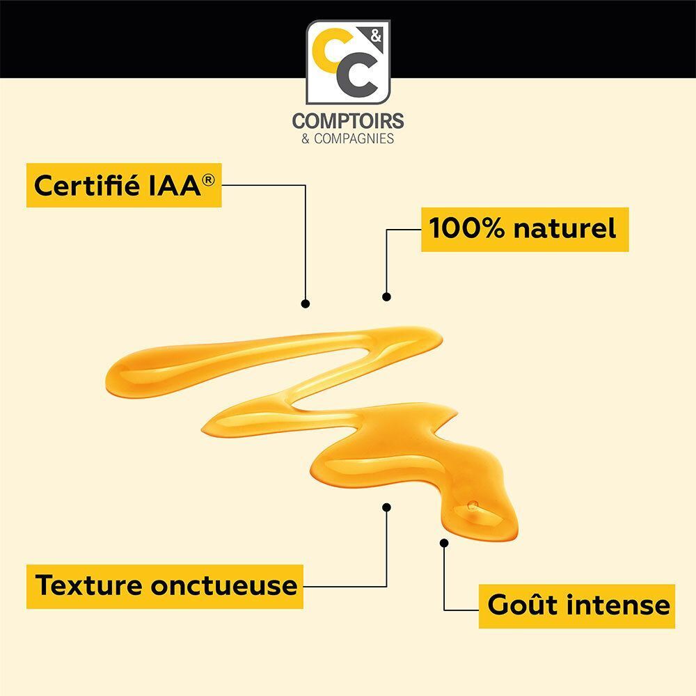 Miel sur fond clair. Texte : Certifié IAA, 100% naturel, texture onctueuse, goût intense.