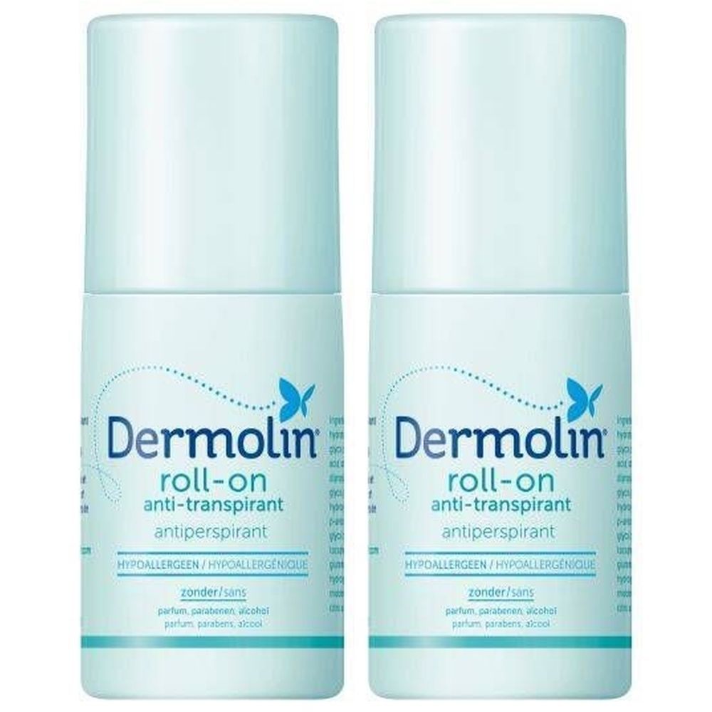 Deux déodorants roll-on bleu clair. Inscription : Dermolin roll-on anti-transpirant. Hypoallergénique. Sans parfum, parabènes, alcool.