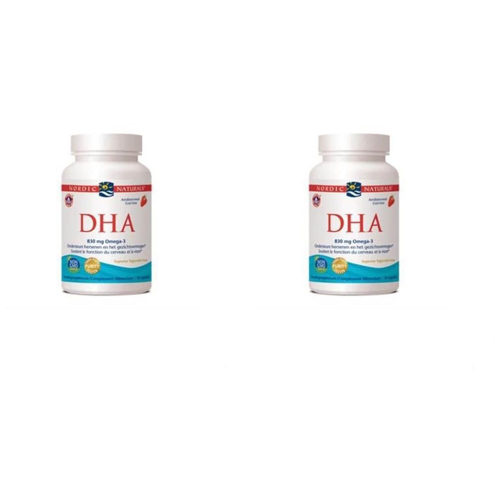 Deux flacons blancs de compléments alimentaires DHA. Inscription : Nordic Naturals, DHA, 450 mg d'oméga-3.