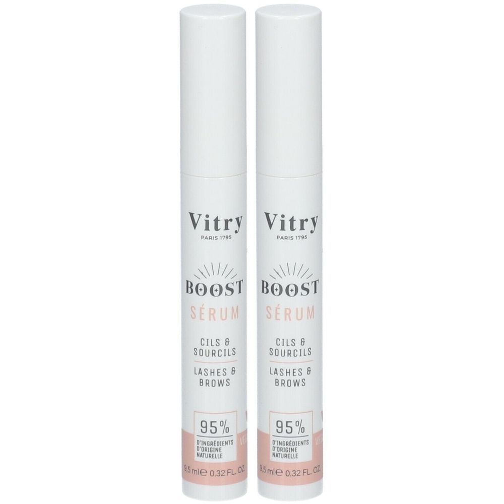 Deux tubes blancs "Vitry Boost Serum". Texte: Cils & Sourcils, 95% d'ingrédients d'origine naturelle.