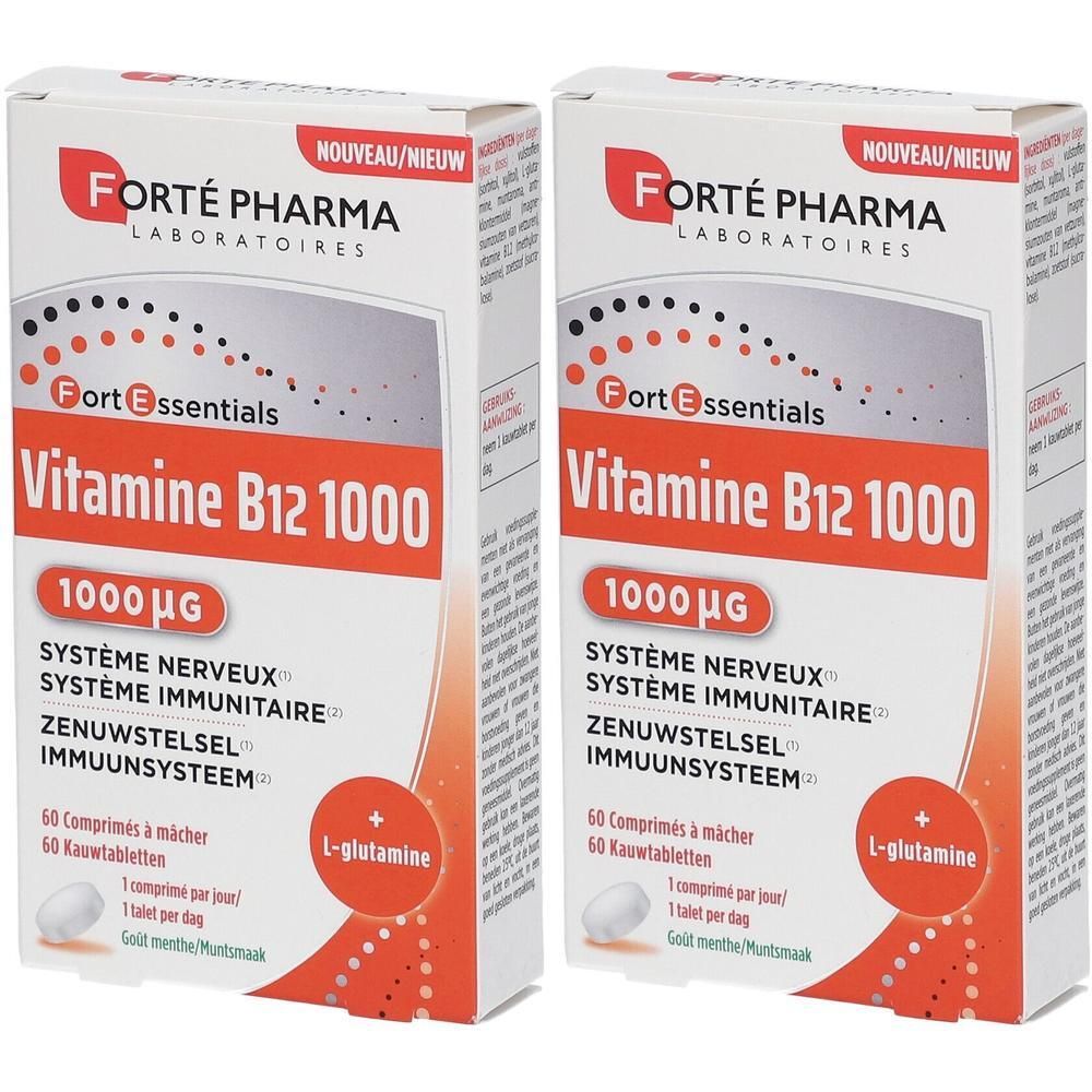 Deux boîtes de Forté Pharma Vitamine B12 1000. Inscription : 1000 µg, Système Nerveux, Système Immunitaire. Contient L-glutamine.