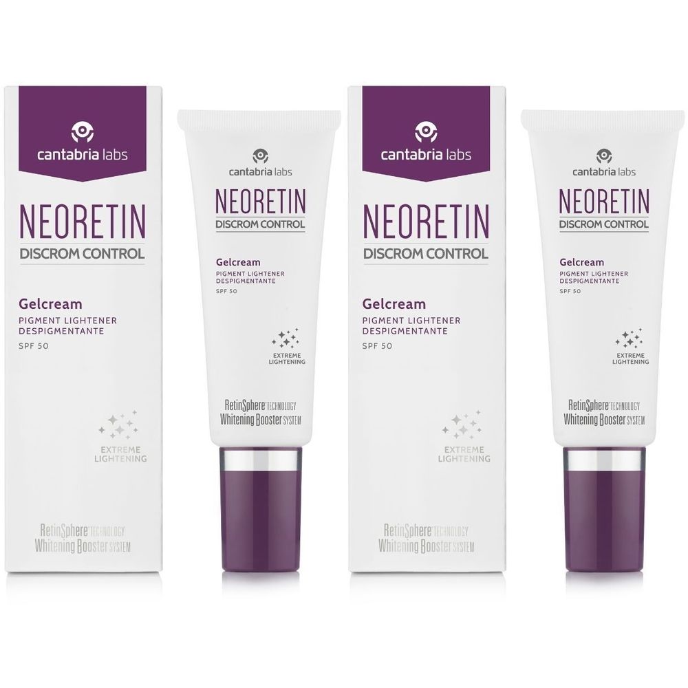Drie tubes en twee dozen met productopdruk. Opschrift: NEORETIN DISCROM CONTROL Gelcream SPF 50. Merk: cantabria labs.