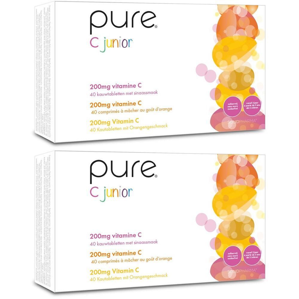 Deux boîtes de Pure® C Junior. Emballage blanc avec informations produit et illustrations de fruits.