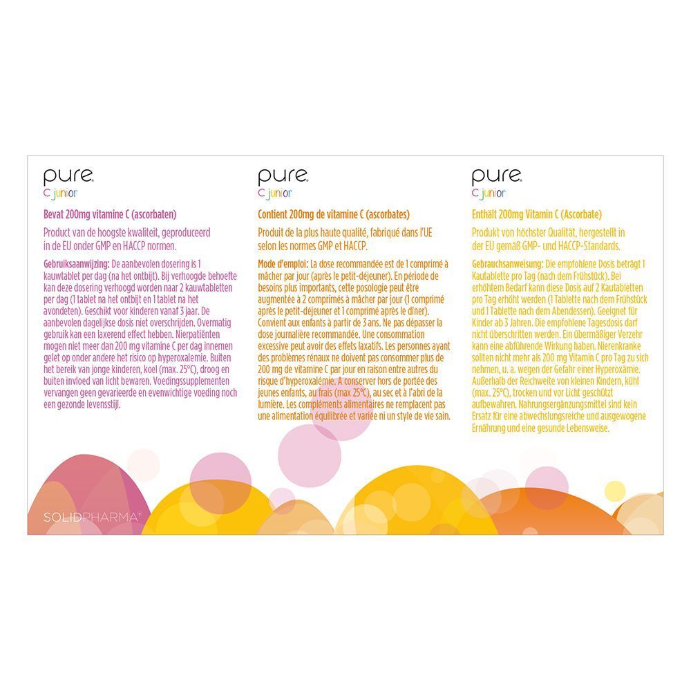 Achterkant van de Pure® C Junior verpakking. Tekst in het Duits, Frans en Nederlands. Illustraties.