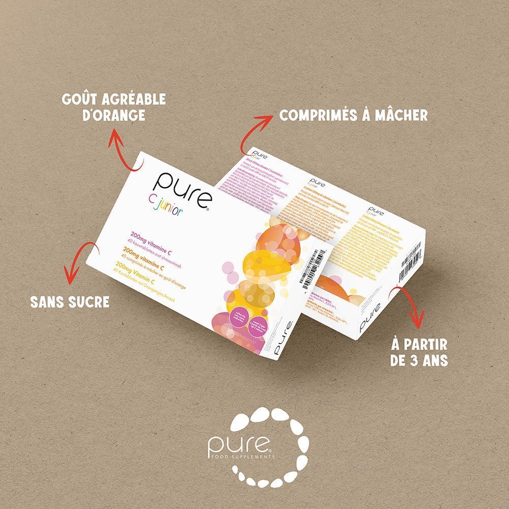 Deux emballages Pure® C Junior. Texte: 'Sans sucre', 'Goût agréable d'orange', 'Comprimés à mâcher'.