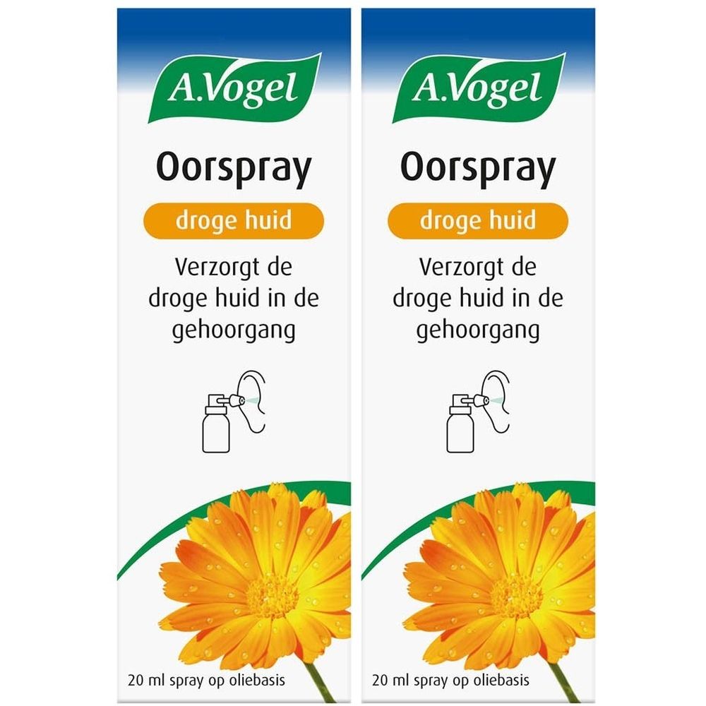 A.Vogel Oorspray voor droge huid. Witte fles met oranje label. Tekst en illustratie van oor en flesje.