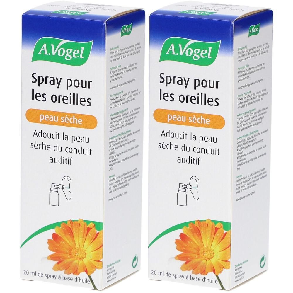 Deux boîtes rectangulaires avec impression du produit. En haut, "A.Vogel". En dessous, "Spray pour les oreilles peau sèche".