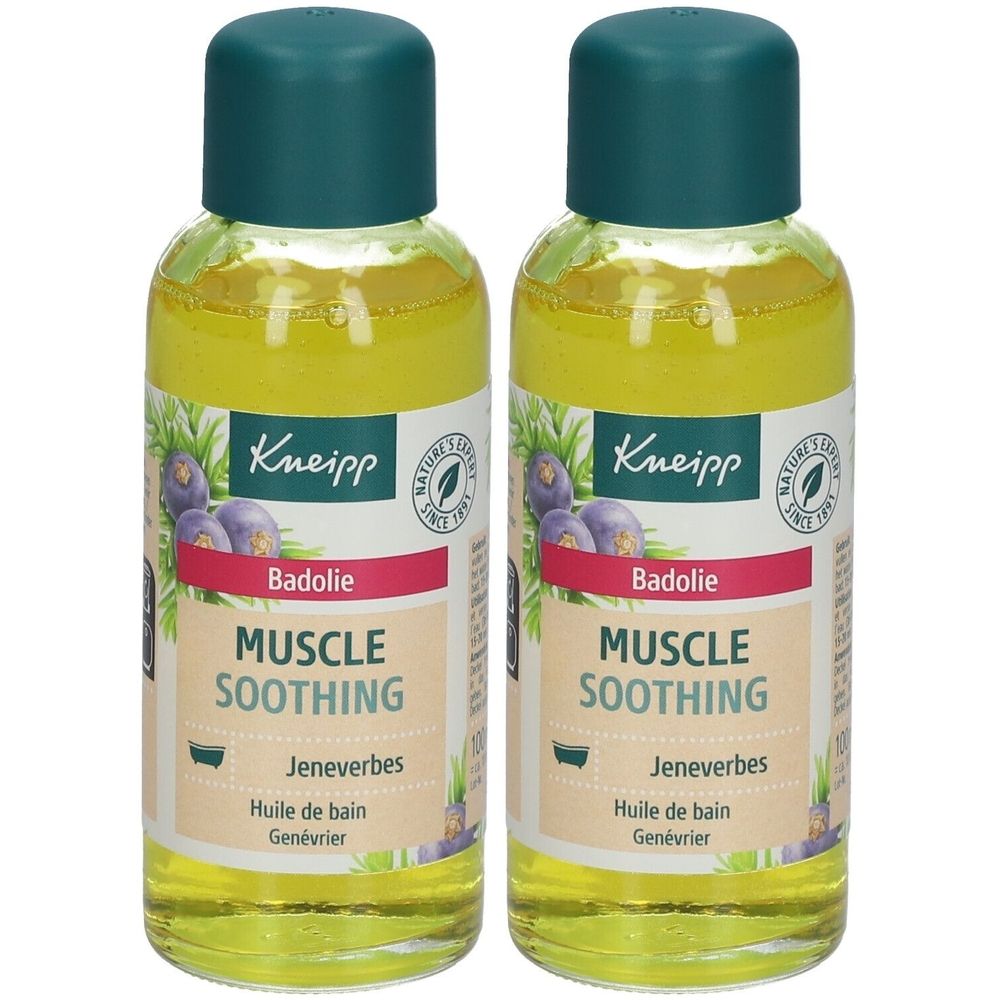Deux flacons d'huile jaune. Inscription: Kneipp, Badolie, Muscle Soothing, Jeneverbes, Huile de bain Genévrier.