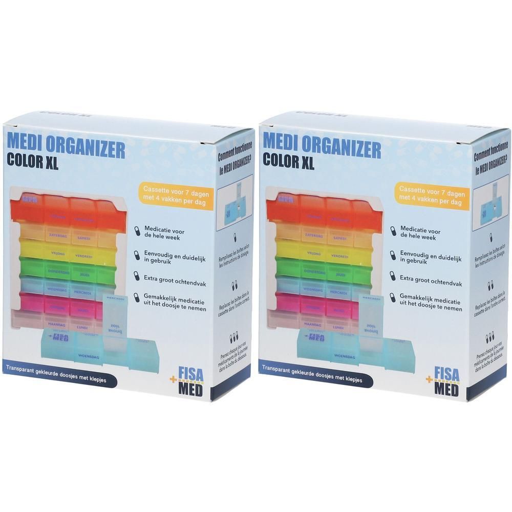 Twee Fisamed Medi Organizer Color XL pillendoosjes. Elke doos toont een gekleurde weekplanner met zeven vakken en de tekst "Medi Organizer".