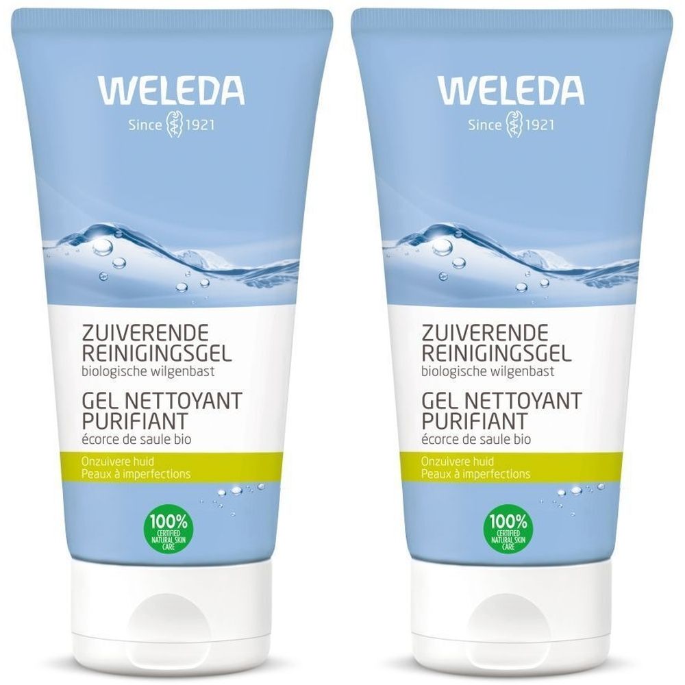 Twee tubes reinigingsgel. Opschrift: WELEDA, Since 1921, GEL NETTOYANT PURIFIANT. Met 100% natuurlijk label.