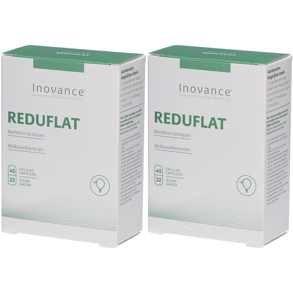 Twee witte dozen met groene deksels. Opschrift: Inovance, REDUFLAT, Bactéries lactiques, 45 capsules, 22 dagen. Logo.